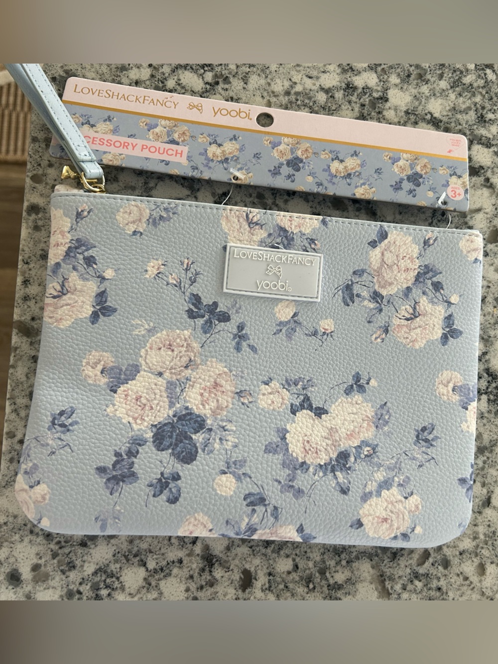 LoveShackFancy x Yoobi Floral Wristlet Pouch - Light Blue with Pink Roses